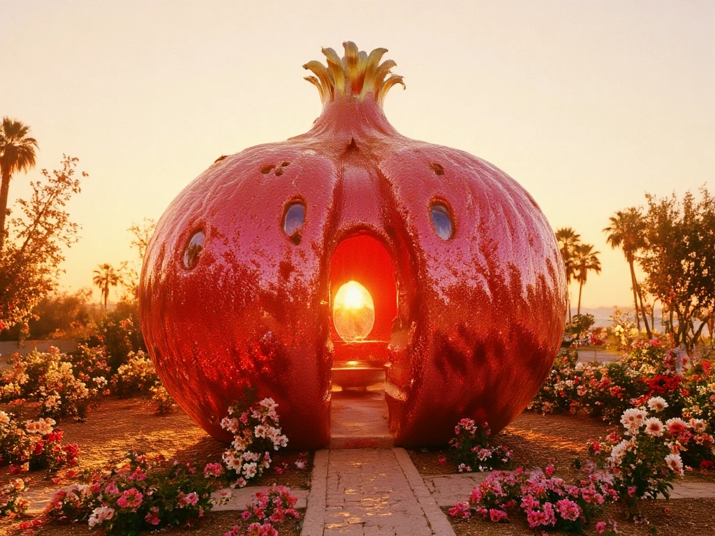 A stunning big house designed to resemble a pomegranate, ultra-detailed and realistic. The spherical structure has a deep red, textured exterior mimicking the fruit’s rind, with small, arched windows shaped like pomegranate seeds. At the top, the crown-like calyx forms an elegant roof detail. The entrance is a split section revealing a glimpse of the ruby-red, seed-like interior design. The house is surrounded by a Mediterranean-style garden with pomegranate trees, vibrant flowers, and warm golden sunlight, exuding a rich and exotic atmosphere.