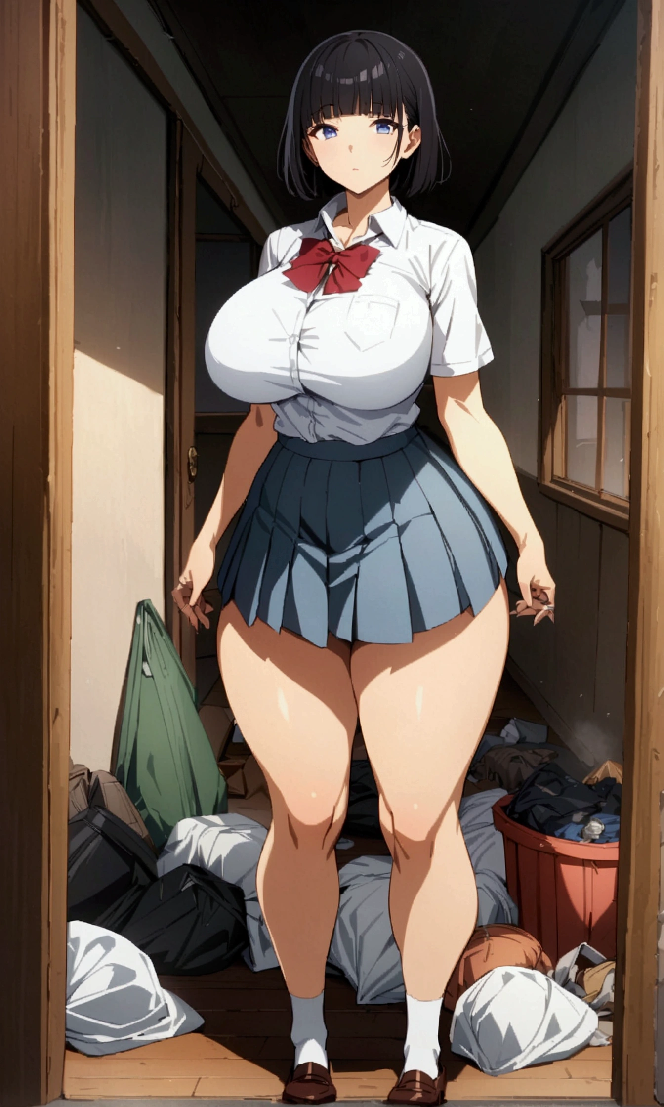 whole body,One older sister, looking at camera, annuit,straight short hair, black hair, with bangs,Big Breasts,school uniform, WHITE CUTTER SHIRT, miniskirt, long legs , thick thighs,standing,Blue Eyes,A room full of trash,finely detailed  beautiful face, High Quality ,anime, beautiful, high definition ,anime color,{{{masterpiece}}},{{{{ very fine eye}}}},{{{{ highly detailed body}}}},{{{{ very detailed fingers}}}}