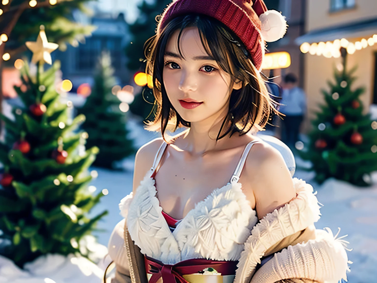 Snowy medieval town at night with Christmas illumination, Christmas lights, long view of a short-haired young beautiful 31-year-old girl wearing Christmas hat, wearing long coat and mini skirt, standing next to a Christmas tree, ((showing cleavage)), (((small breasts))), (flat chest:1.3), private press, inspired by Rena Nounen, Rena Nounen, Rena Nounen style, young glamourous idol, young pretty gravure idol, of a youthful japanese beauty, precisionism, neoclassicism, best quality, super detailed, masterpiece, 32K, (((Best Quality))), ((Ultra-detailed)), ((extremely delicate and beautiful))