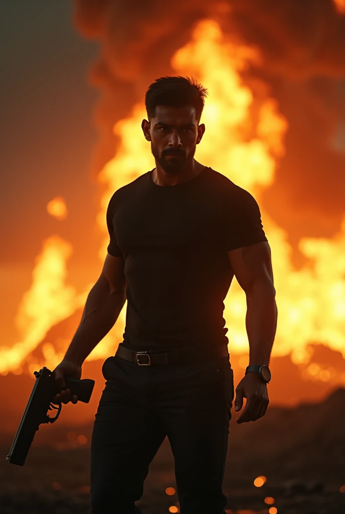 a world is burning down with a fire and a man is standing in that fire protecting his women also killed some enemies 

