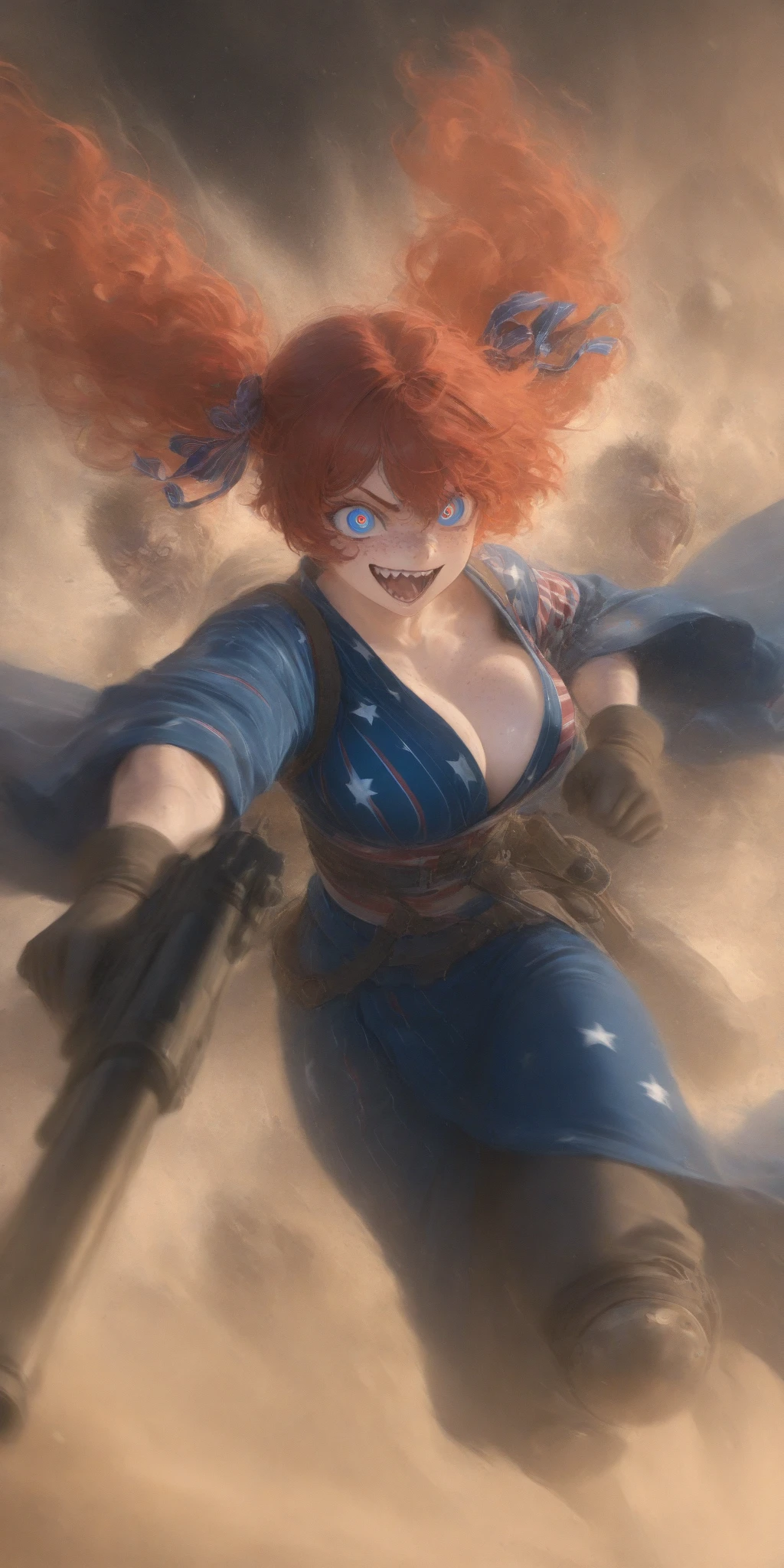 1girl\(american,(red hair),twin tails, frilled hair ribbon,tatoo,(Freckles),(Muscular), big blue eyes,beautiful eyes,big breast,wearing beautiful yukata\(american flag\(Stars and stripes\) design\),holding shotgun, shooting, Grenades exploding, gun belts, wavy hair long hair,floating hair, (scar on face),open mouth,smile, sharp teeth, tongue,dynamic action, dynamic angle, spiral mad eyes,gloves,knee pads,under protector armer\) at (kyoto japan), so many (zombie around), apocalips, dooms day,red black sun. BREAK .quality\(8k,wallpaper of extremely detailed CG unit, high resolution, top-quality, top-quality real texture skin, hyper realistic, increase the resolution, RAW photos, best quality, highly detailed, the wallpaper, golden ratio, high saturation realism, vibrant colors, dramatic lighting, persuasive storytelling, atmospheric scenery, captivating visuals, intricate details, strong emotions, dreamlike world\),dynamic angle,dutch angle,action movie,longshot, wide shot