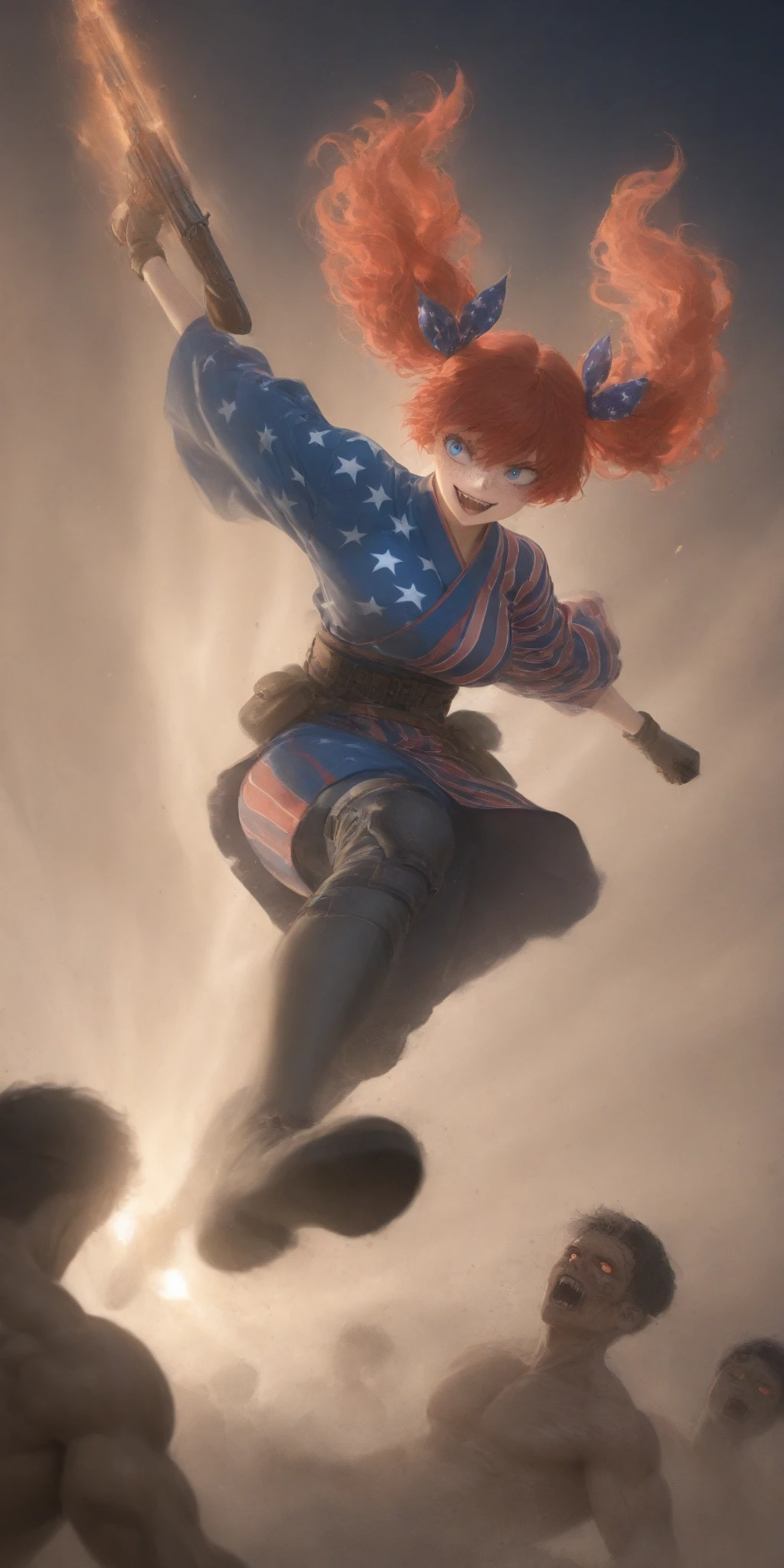 1girl\(american,(red hair),twin tails, frilled hair ribbon,tatoo,(Freckles),(Muscular), big blue eyes,beautiful eyes,big breast,wearing beautiful yukata\(american flag\(Stars and stripes\) design\),holding shotgun, shooting, Grenades exploding, gun belts, wavy hair long hair,floating hair, (scar on face),open mouth,smile, sharp teeth, tongue,dynamic action, dynamic angle, spiral mad eyes,gloves,knee pads,under protector armer\) at (kyoto japan), so many (zombie around), apocalips, dooms day,red black sun. BREAK .quality\(8k,wallpaper of extremely detailed CG unit, high resolution, top-quality, top-quality real texture skin, hyper realistic, increase the resolution, RAW photos, best quality, highly detailed, the wallpaper, golden ratio, high saturation realism, vibrant colors, dramatic lighting, persuasive storytelling, atmospheric scenery, captivating visuals, intricate details, strong emotions, dreamlike world\),dynamic angle,dutch angle,action movie,longshot, wide shot