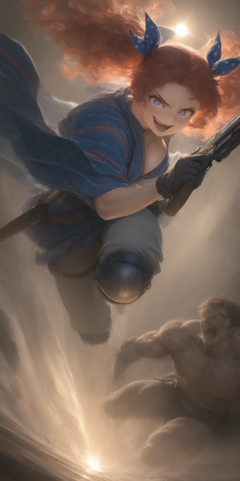 1girl\(american,(red hair),twin tails, frilled hair ribbon,tatoo,(Freckles),(Muscular), big blue eyes,beautiful eyes,big breast,wearing beautiful yukata\(american flag\(Stars and stripes\) design\),holding shotgun, shooting, Grenades exploding, gun belts, wavy hair long hair,floating hair, (scar on face),open mouth,smile, sharp teeth, tongue,dynamic action, dynamic angle, spiral mad eyes,gloves,knee pads,under protector armer\) at (kyoto japan), so many (zombie around), apocalips, dooms day,red black sun. BREAK .quality\(8k,wallpaper of extremely detailed CG unit, high resolution, top-quality, top-quality real texture skin, hyper realistic, increase the resolution, RAW photos, best quality, highly detailed, the wallpaper, golden ratio, high saturation realism, vibrant colors, dramatic lighting, persuasive storytelling, atmospheric scenery, captivating visuals, intricate details, strong emotions, dreamlike world\),dynamic angle,dutch angle,action movie,longshot, wide shot