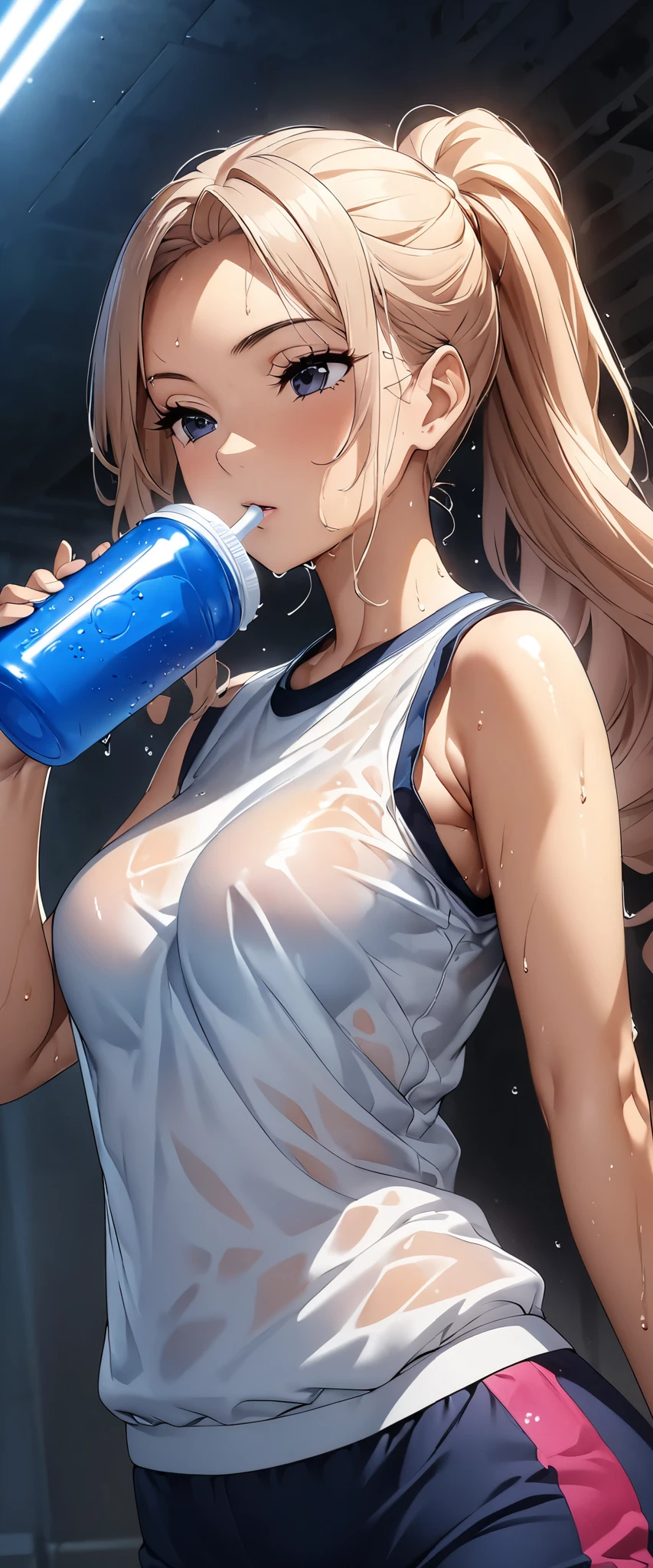 (((masterpiece)))、(( top quality ))、( super detailed )、(CG illustration)、(Very beautiful woman))、 cinematic light 、((1 Female))、 、(Beautiful and luxurious:1.2)、( One Woman :1.3)Sports Stadium,,((Japanese white sleeveless gym clothes), wet with sweat ,Beautiful ponytail,(Drink a sports drink),Her clothes are see-through and her bra is visible