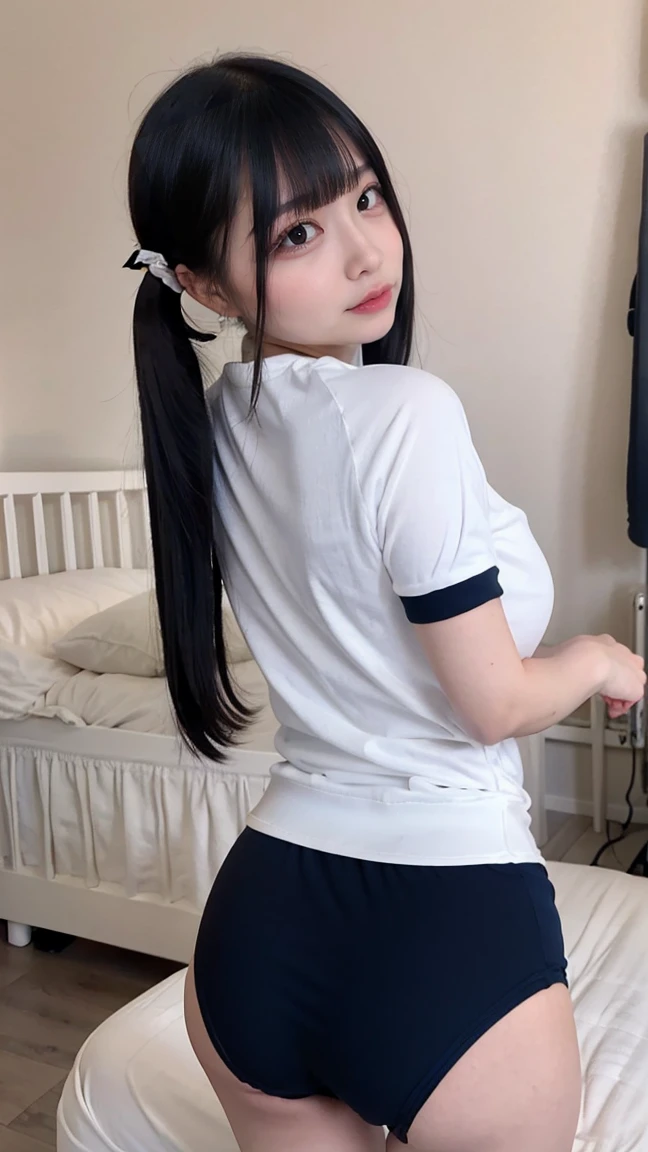 In detail,Full body photo、 One high school girl、High resolution, high quality、Slim body、Perfect dynamic composition, Beautiful fine details, Twin tails、Natural color lip,Kamimei、14-year-old girl、Clear Skin、Short-sleeved red sailor suit、Green mini skirt、Thighs、Shiny Hair、最high quality, figure, Very detailed, In detail, High resolution, 8k、The correct state of the human body、Sculpture model pose,Dark blue walls,Looking at the viewer with his back turned、Sticking out her butt、Thighs are visible、smile、