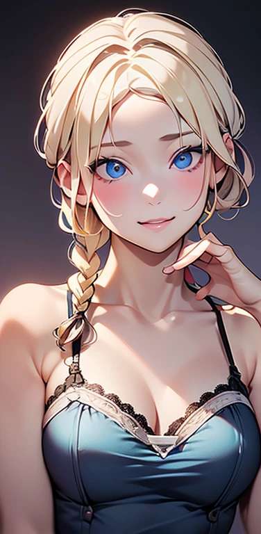 Realistic、1house wife、blonde hair、braid、blue eyes、(eye focus:1.3,face focus,upper body),(gradient eyes:1.3),(camisole　sexy　panties
)、(forced smile:1.3),single braid,cute face、(Inward facing V sign),