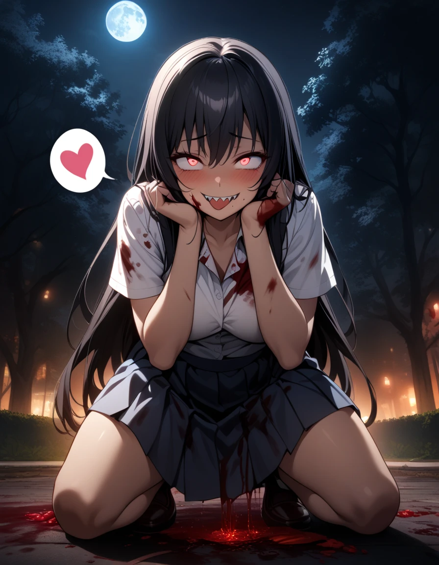 Masterpiece,best quality, (highly detailed CG illustration),very aesthetic,recent,detailed eyes,detailed face,1girl,(looking at viewer),glowing red pupil,black hair,straight long hair,(large breast:1.05),(school uniform,white shirts,navy skirt,),BREAK,(blood on her face),(blood on her clothes),blood puddle,red blush,constricted pupils,(mad smile),(yandere smile),sharp teeth,tongue out,half-closed eyes,(spoken heart:1.3),kneeling,BREAK,(hands on own cheeks),night,park,full moon,full body