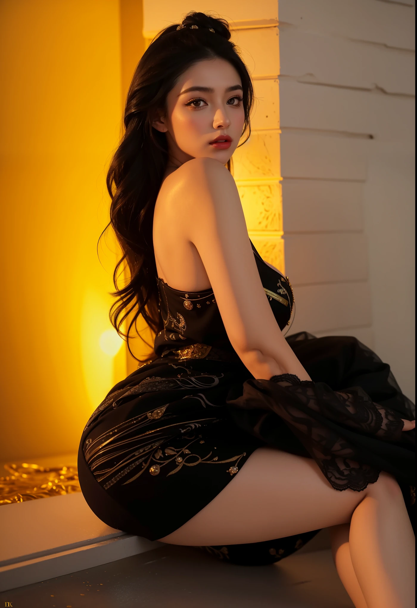a Korean girl with long black hair is wearing a tight lace dress, small waist, long black realistic hair, full lips, sensual makeup, soft black lace dress, big bust , big booty, beautiful woman, Jennie Kim, has cleavage, big bust, low light, High definition, Realistic, high definition, high quality, Kim Jennie
