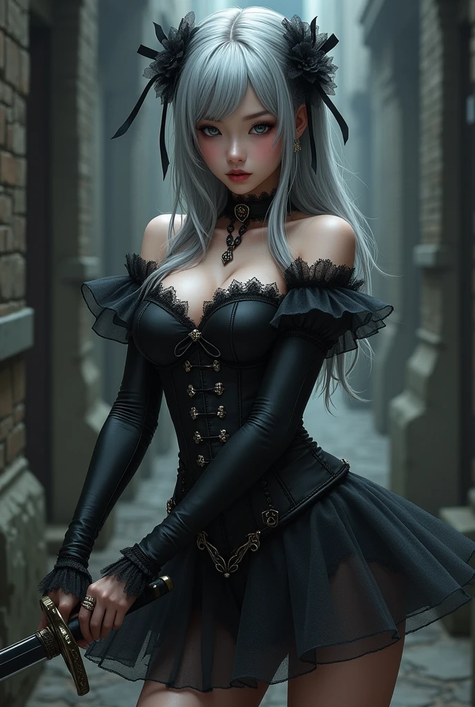 There is a drawing of a woman with a knife in her hand, in a halloween style, Halloween, Happy!!!, halloween art style, creepy!!, ( ( misa amane # ) ), marin kitagawa fanart, Lori, creepy!!!, ( ( ( horror art ) ) ), by Shingei, by Ei-Q, ( woman samurai ) girl
