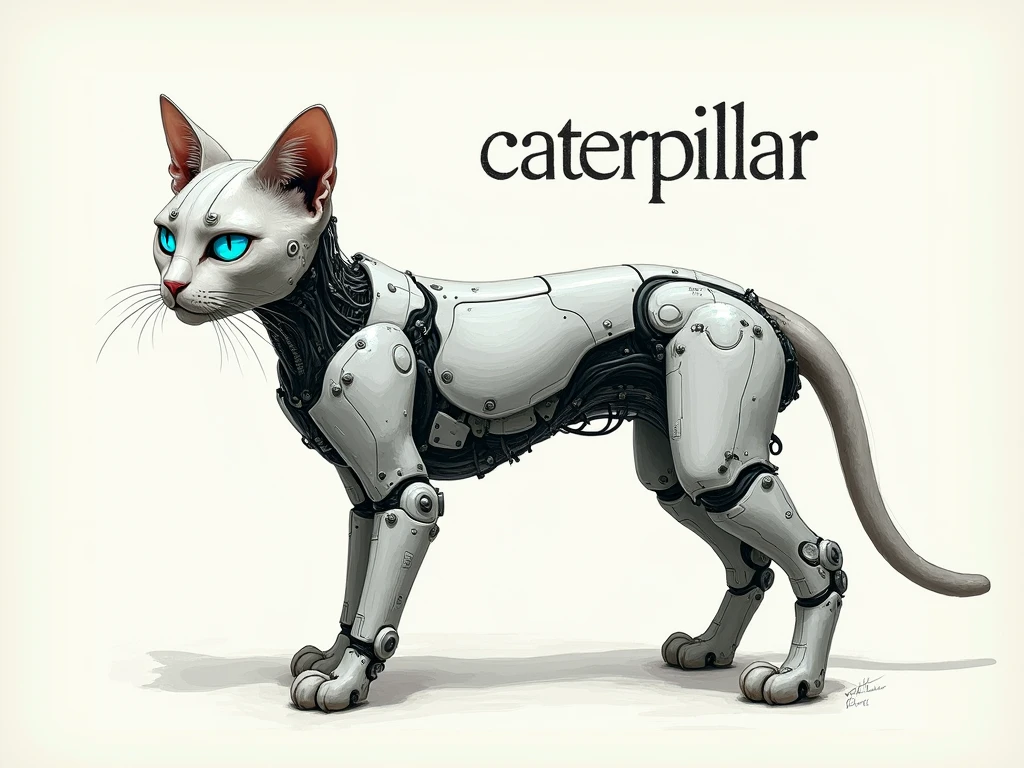 of a cybernetic cat realist 16k, technical drawings viewed from the front and side on light white paper with bold background text like "CATERPILLAR", the cat eyes should be blue in color, poster.