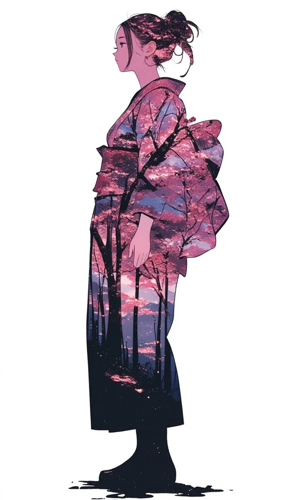 Double exposure. A silhouette of a woman in yukata. The backdrop of a scenic sakura forest in Japan inside the woman's silhouette.