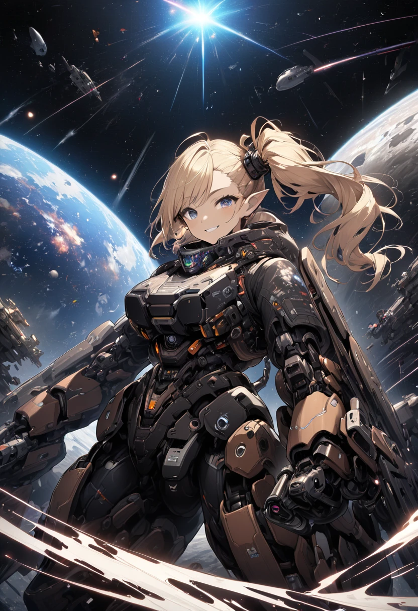 ( top quality 、 detailed images、Beautiful images、 official images )、((Near future、 outer space 、Space War))、( model body type、Blonde、 asymmetrical bangs、 side ponytail hair 、short pointed ears 、 Big Breasts )、((( brown skin:1.5)))、(Smile a little)、(black cyber goggles、 black cyber bodysuit、 black cyber boots 、black cyber gloves )、( cowboy shot)、(Human Mobile Exoskeleton Weapon)、Thruster