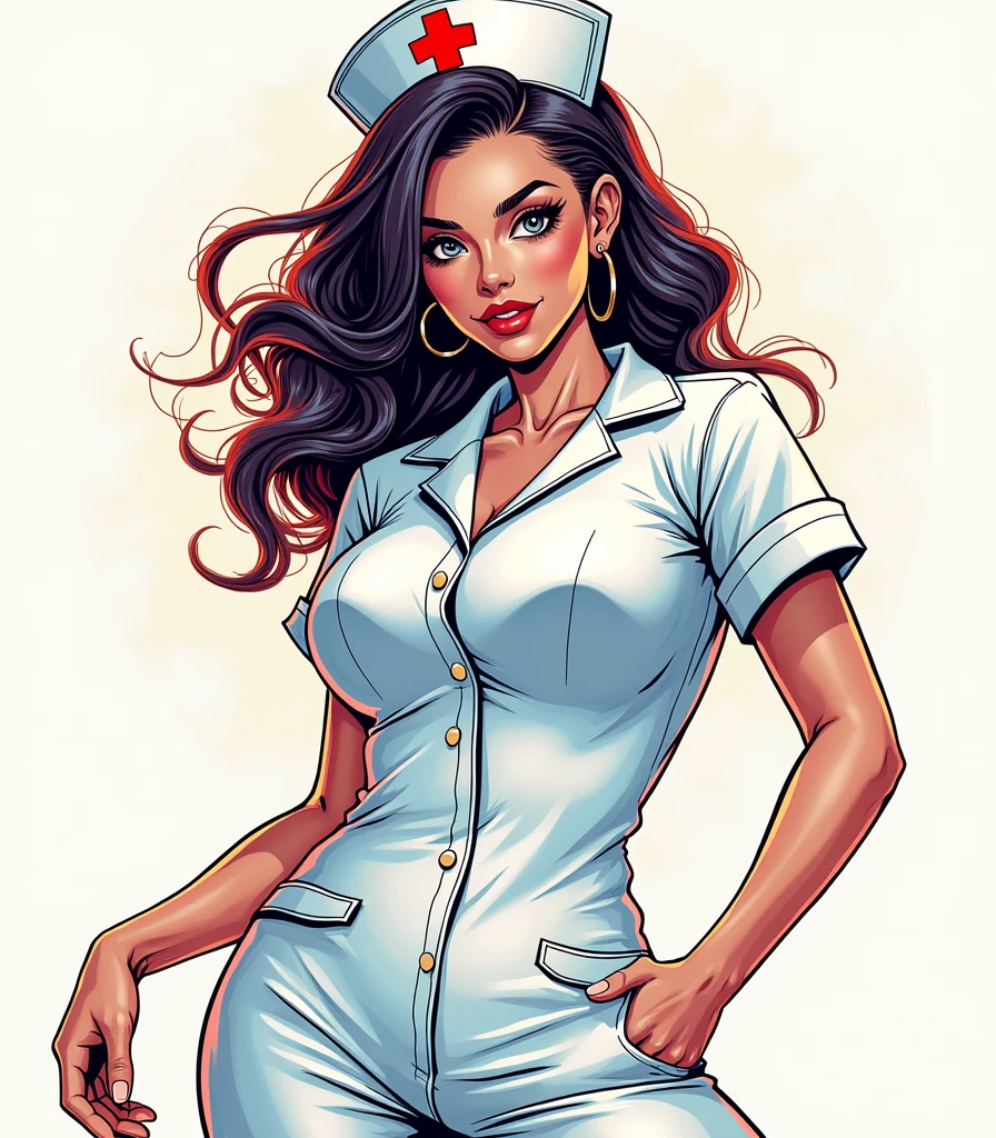 ((masterpiece)),(((Highest quality))),((Character design sheet)),((rough sketch)),(Magazine Cover)Thick thighs,African Girl,smile,((Between the breasts)),((Wearing a sexy nurse uniform and nurse cap)),Shirt half lift,milking