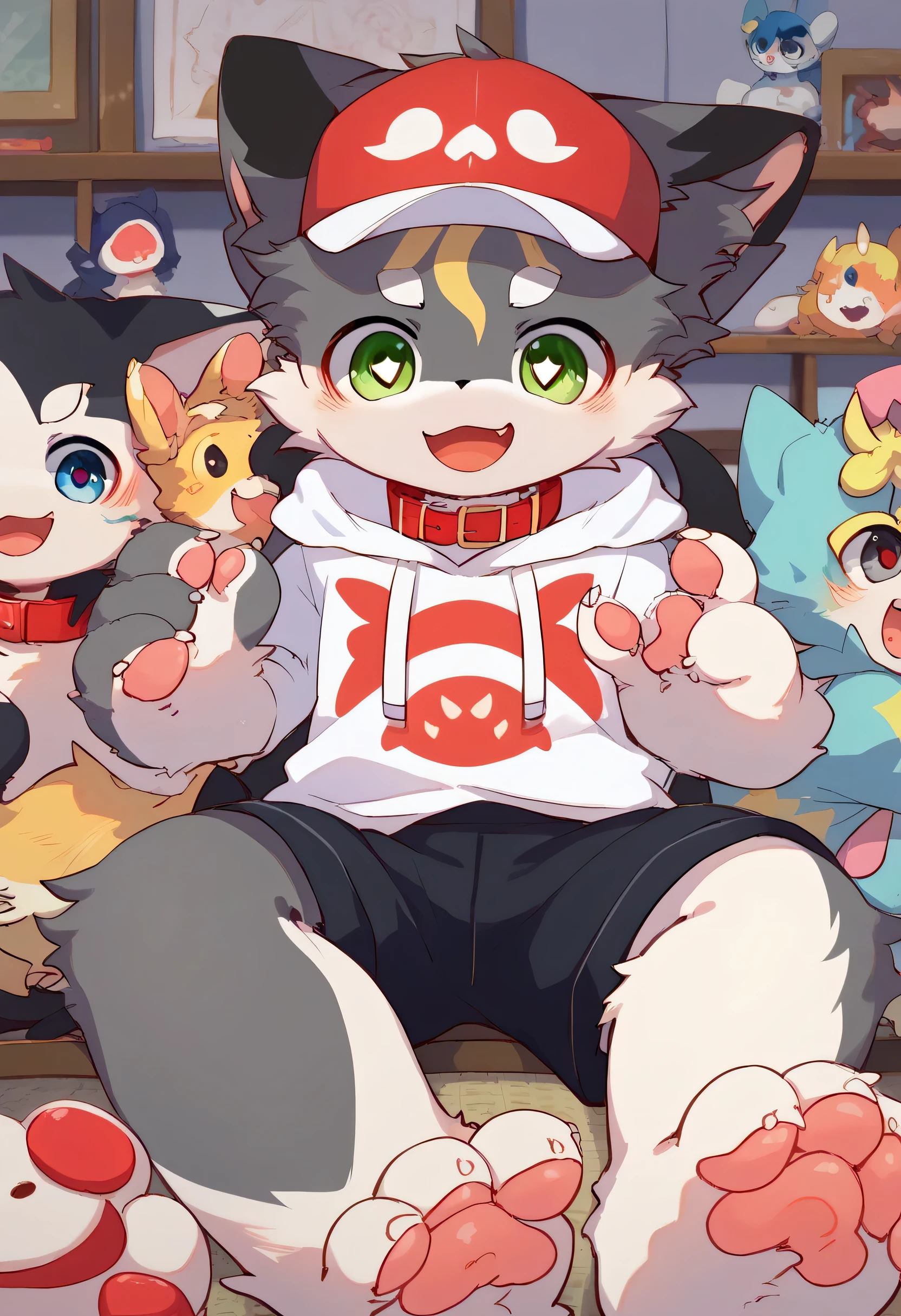   very detailedな,  very detailed, Brown fur boys, boys, looking at bones ,Heart Eye,participate,And a multicolored hat ,  cute face, sitting！,Red collar,Black Ear ,  like fluffy fur, excited,Horny boy,Beautiful room , room ,smile,Dropped ears,  play with toys !  my mental age   ,want,  black shorts, green and white hoodie 