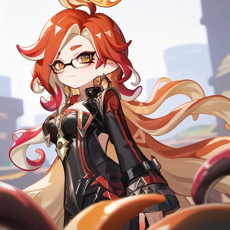 (masterpiece) ,best quality,amazing quality,very aesthetic, absurdres, newest, splatoon octoling, tentacle hair, splatoon_player_character, 1girl, [medium breasts:1.5], mavuika-gi, very long hair, tinted eyewear, orange eyes, multicolored hair, sunny, perfect lighting, (cute;1.4),