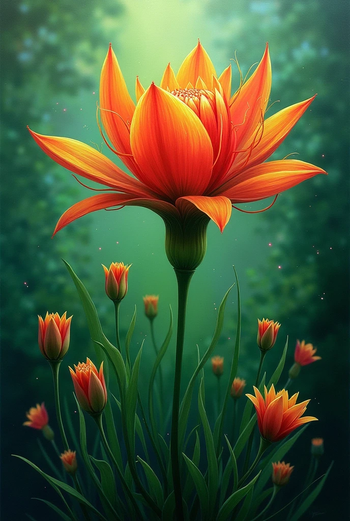 The image in the Picture is a Flower with Vivid Details and Petals that turn Blue-green against the background of other flowers, he alone stands out for his mystical glow and mysterious transformation,  This is all depicted in the Beautiful Oil Painting with Gouache paints , a very beautiful robot master of art ,  masterpiece fails, 8 k,  intricate details, bright colors,  better quality ,