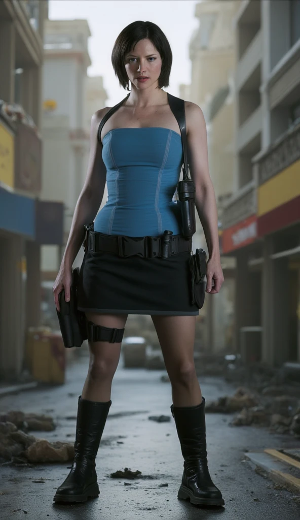 Sienna Guillory as Jill Valentine, black boots, black hair, skirt, blue top, Resident Evil Apocalypse, highly detailed, dynamic lighting, cinematic, detailed