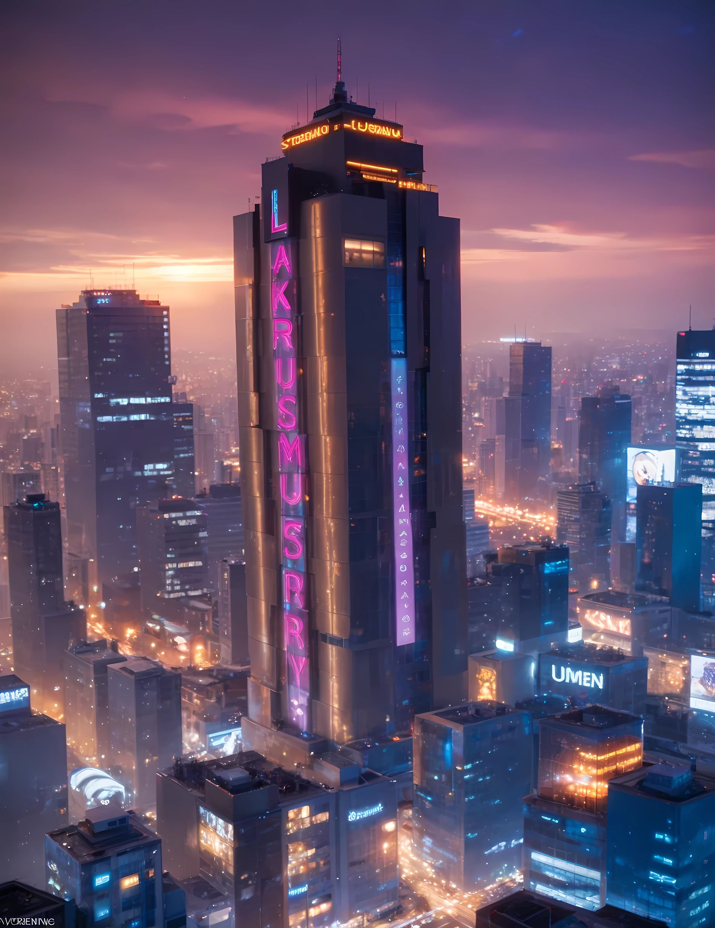Top view, skyscraper directly above, with blue lights,Glass curtain wall,The exterior of the building is neon,UE5 Rendering,3D Rendering,Lumen lighting rendering ,Light and shadow enhancement