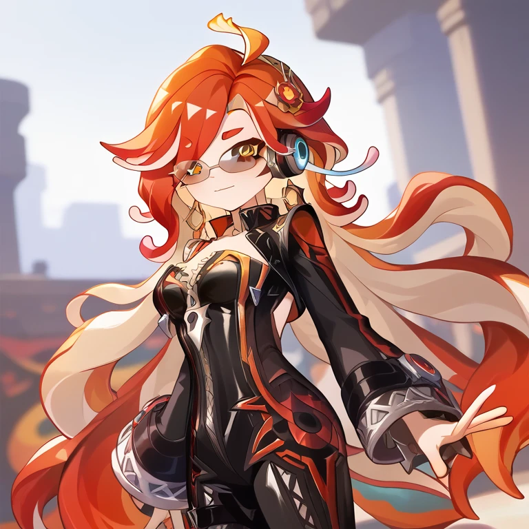 (masterpiece) ,best quality,amazing quality,very aesthetic, absurdres, newest, splatoon octoling, tentacle hair, splatoon_player_character, 1girl, [medium breasts:1.5], mavuika, very long hair, tinted eyewear, orange eyes, multicolored hair, bodysuit, sunny, perfect lighting, (cute;1.4),