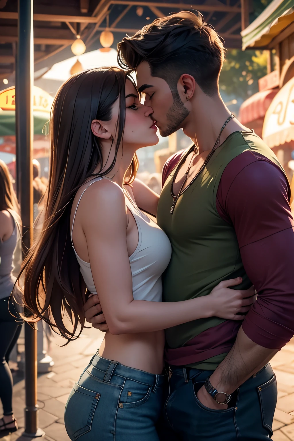 Amazing portrait of a man wearing maroon full sleeved t shirt and ripped jeans kissing a sexy woman wearing a olive green tank top paired with a white shirt and pants in an amusement park with soft lighting showcasing their amazing bodies tangled together with love and lust