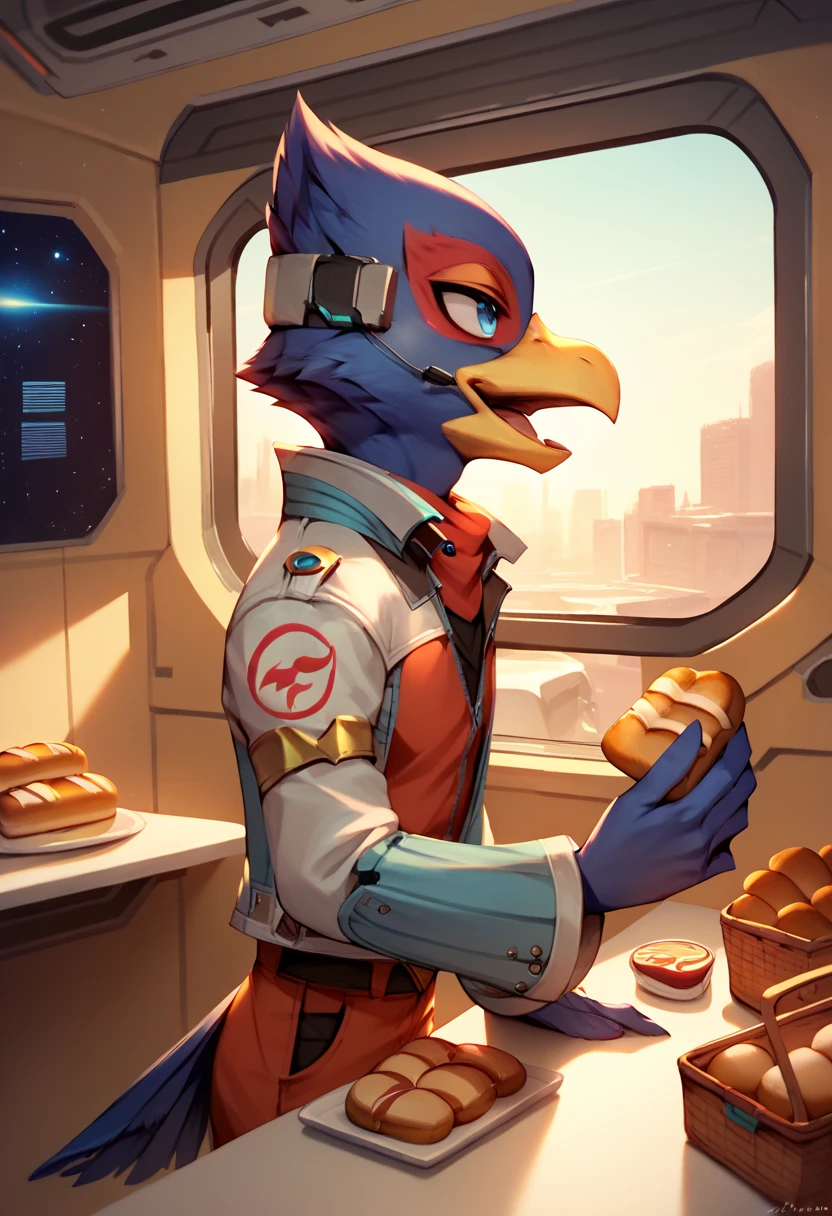 score_9, score_8_up, score_7_up, score_6_up, 1boy, solo, Falco lombardi, inside spaceship, beckoning, straight on, nsfw, high resolution, detailed face, high resolution, light blue eyes, eat bread, open mouth, from side, Bread baskets on the table,