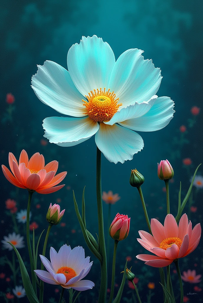 The image in the Picture is a Flower with Vivid Details and Petals that turn Blue-green against the background of other flowers, he alone stands out for his mystical glow and mysterious transformation,  This is all depicted in the Beautiful Oil Painting with Gouache paints , a very beautiful robot master of art ,  masterpiece fails, 8 k,  intricate details, bright colors,  better quality ,