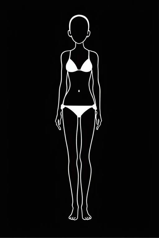 Graphite pencil drawing of the same 40yo Brazilian woman, front and back view, full body, standing, wearing white bikini, white background