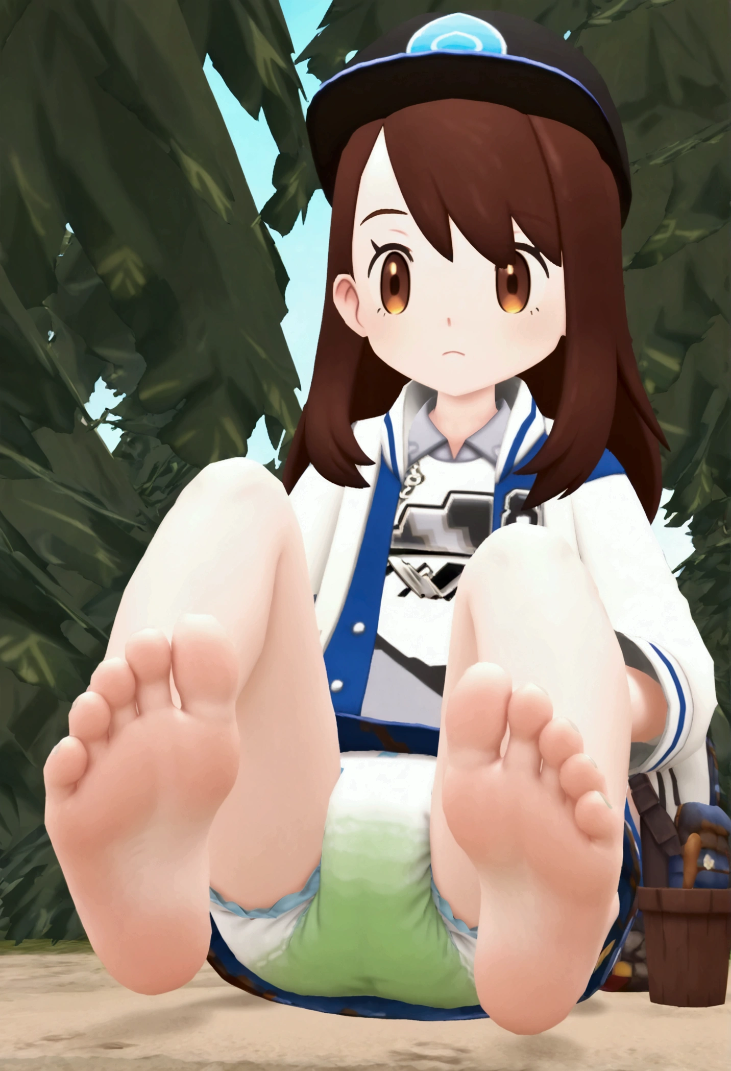 masterpiece, best quality, highres, gloria as a **ddler, girl sitting, wet diaper, very cute, adorable, curious, barefoot sole, foot focus, dirt, smelly, stinky, steamy, sweaty