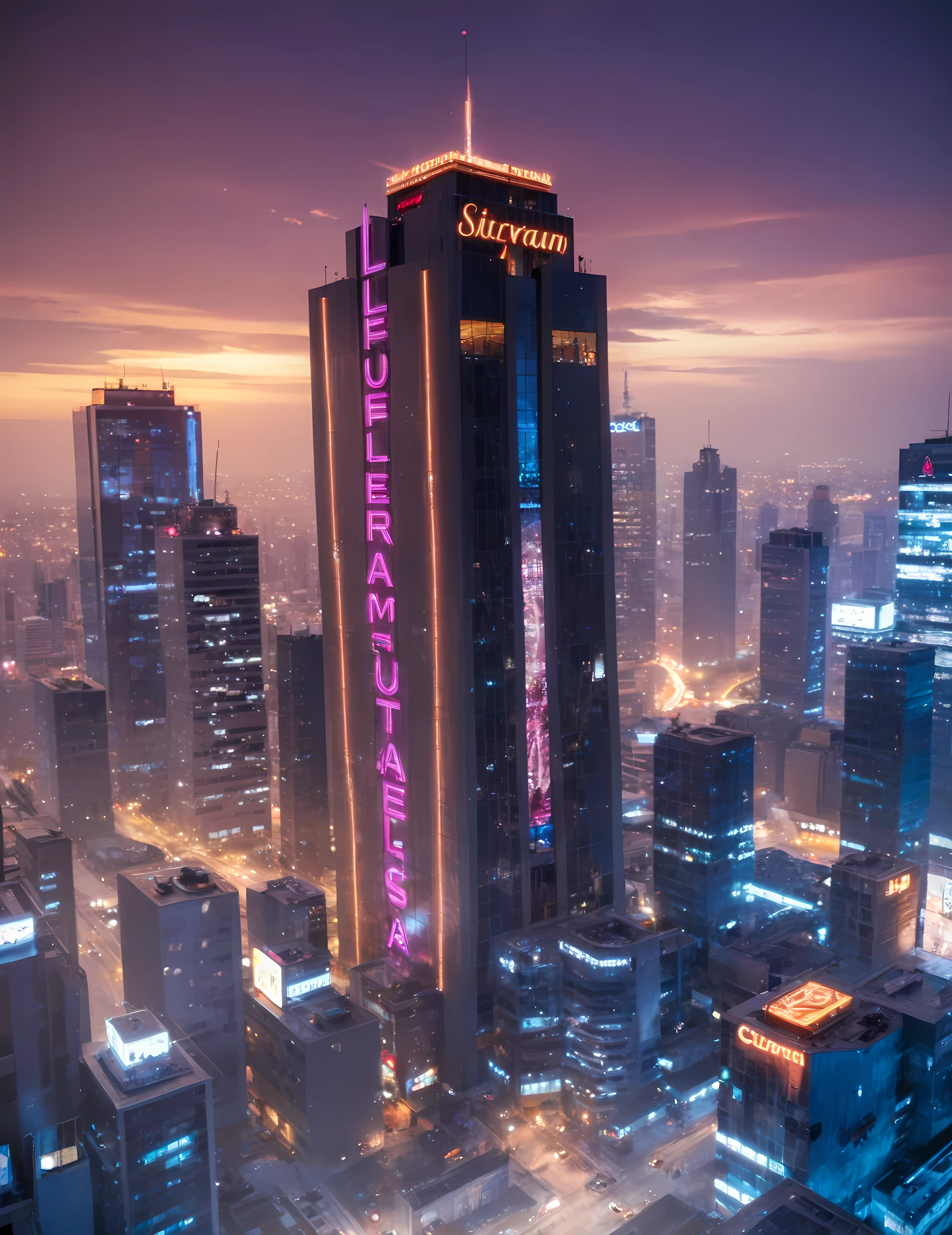 Top view, skyscraper directly above,Glass curtain wall,The exterior of the building is neon,UE5 Rendering,3D Rendering,Lumen lighting rendering ,Light and shadow enhancement