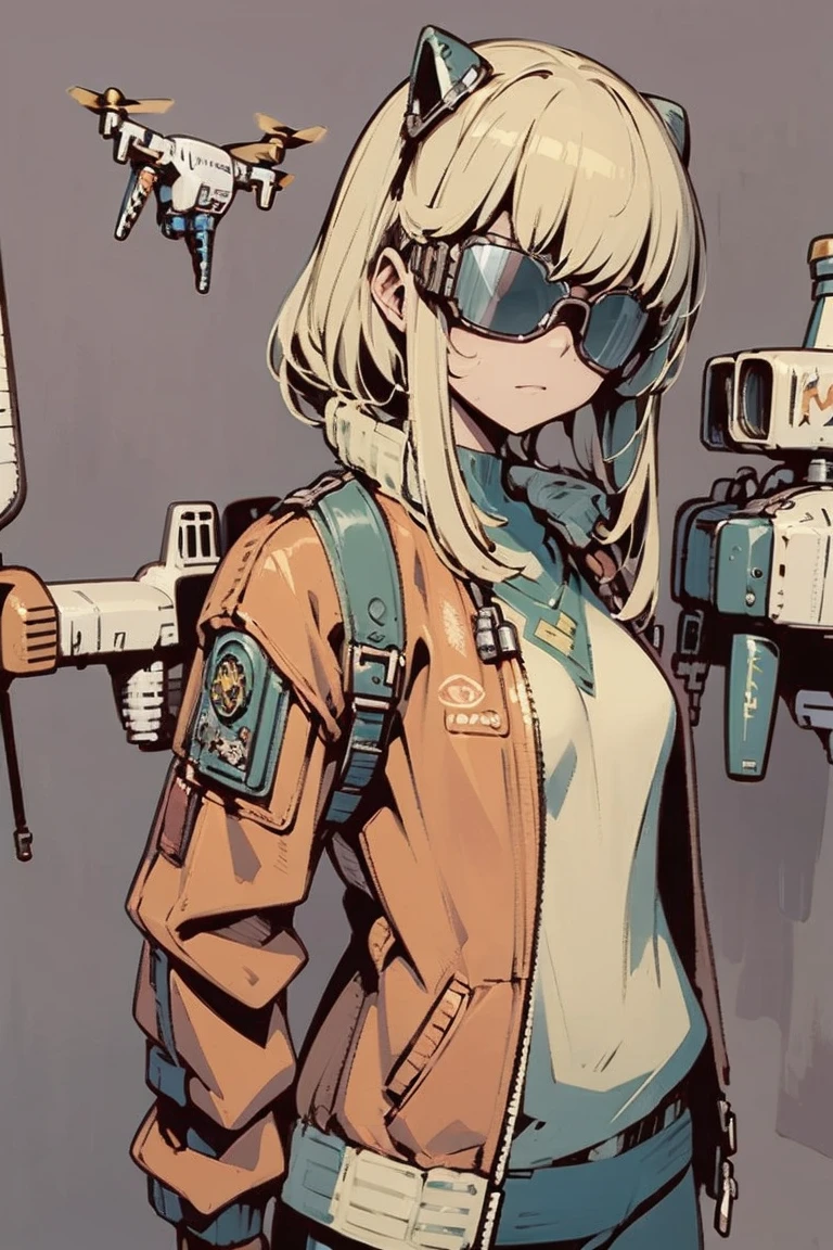  dynamic angle, ( super detailed ,  ultra high resolution, detailed background),((2D)),(( Flat Color )),((Photorealistic Background)), 1girl,1 Solo,  loose red flight suit ,  large sheepskin colored bomber jacket with steampunk goggles,  Plush Color , Steampunk Goggles, (( baron desert intracat background )), ((Doomsday City)),  cowboy shot , (( drone next to her )),pop Art Style,Point to the sky,  dynamic angle