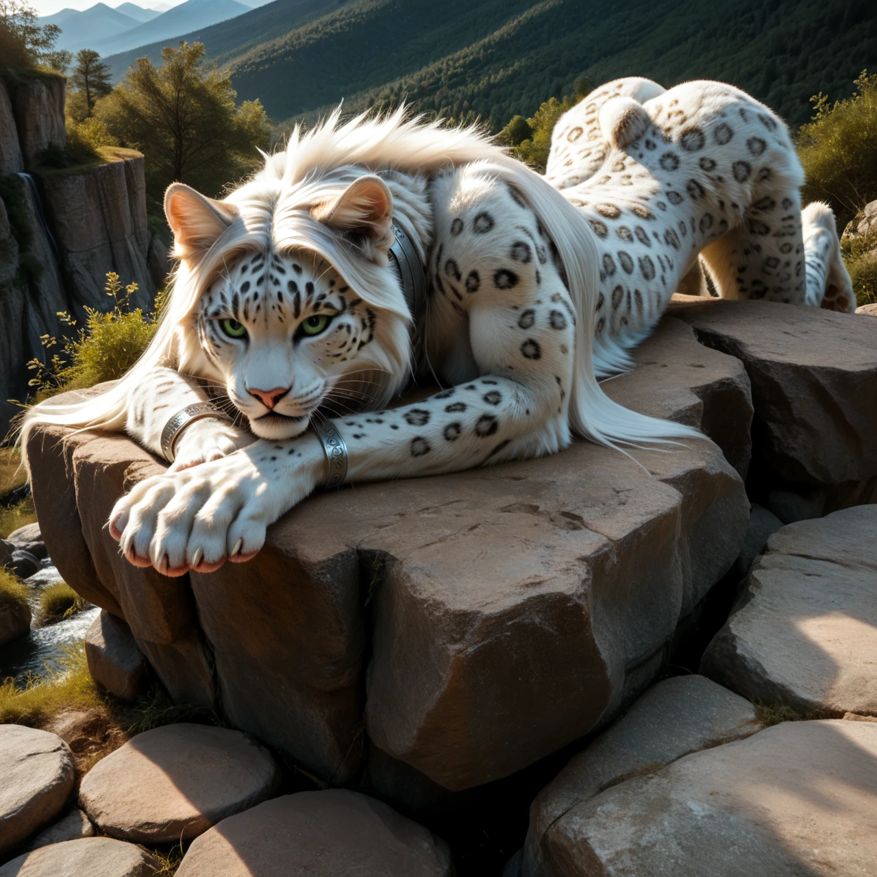 score_9, score_8_up, score_7_up, score_6_up, top view, white leopard fighter, female, (with mane1.2), anthro, felid, feline, she is lying on a stone, separated legs, human-like hands, (detailed background), nature, in the high mountains, fur, solo, high quality, furred body, paws, handpaw, fluffy, silver bracelets on the legs, (detailed eyes, green eyes), slightly muscled, highly detailed, realistic fur, beautiful, photorealism, photorealistic, dslr, photo, expressive, full body, pawpads, paw pads, playful, with claws, silver collar