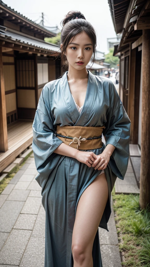  super high definition 、samurai、warrior、Edo period streetscape、Samurai Kimono 、 Warrior Kimono、Place the Japanese sword on your lower back 、 open your legs wide and hold the Japanese sword、Age 25、Wild women 、 rugged expression 、 wearing a watch