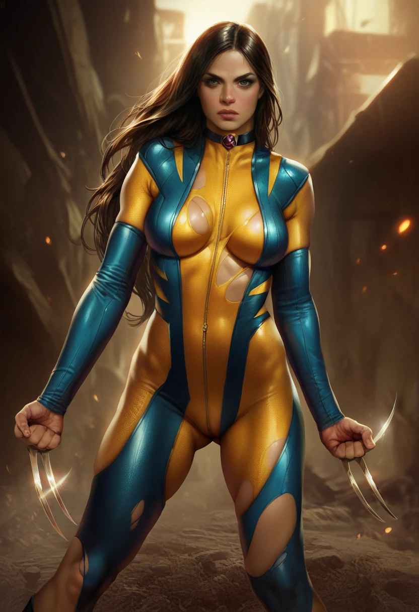 score_9, score_8_up, score_8_up, detailed illustration, realistic, LraKinyX, long hair, choker,weapon, claws, claw (weapon), aroused expression, skinsuit, ripped skinsuit, unzipped,arm up, breasts, very long hair, standing pin up, medium breasts, solo, full body, uncensored, blurry background, detailed feet