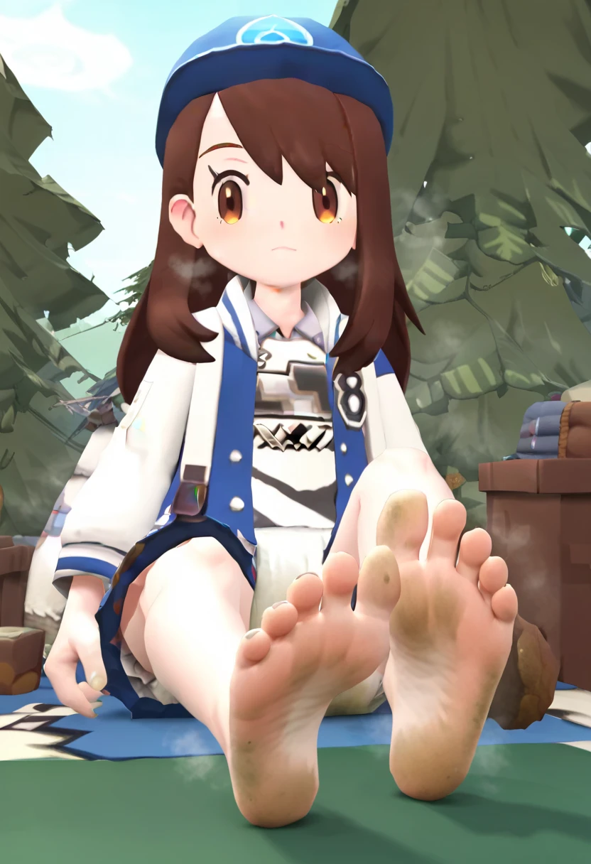 masterpiece, best quality, highres, gloria as a toddler, girl sitting, wet diaper, very cute, adorable, curious, barefoot sole, foot focus, dirt, smelly, stinky, steamy, sweaty