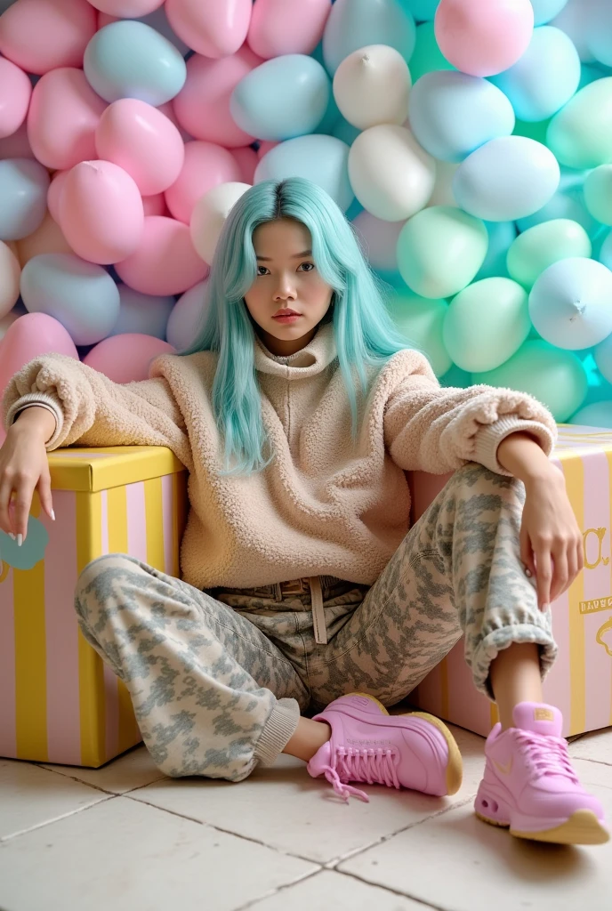 "CREATING A REALISTIC DETAILED COVER FOR GUCCI MAGAZINE FEATURING A 28-YEAR-OLD SOUTH KOREAN K-POP MODEL WITH LONG SEA BLUE HAIR, SHE SHOWED CONFIDENCE AND CHARM, SITTING CASUALLY ON A TILED FLOOR COVERED IN PASTEL-COLORED METAL HEART-SHAPED BALLOONS IN PINK, BLUE AND GREEN TONES, THE MODEL WORE A JACKET. A LARGE BEIGE PRINT WITH THE ENTIRE GUCCI LOGO, PAIRED WITH CAMOUFLAGE JOKER PANTS AND PINK NIKE SHOES, SHE SAT WITH ONE LEG REASONABLY STRETCHED, ARMS WIDE, LAUGHING FREELY AND LEANING AGAINST A VIBRANT MULTI-COLORED GIFT BOX.

THE COVER FEATURES A PROMINENT GUCCI LOGO AT THE TOP, WITH THE WORDS 'GUCCI' IN A DARK PINK STYLE AND FASHION PRINT ON THE BOTTOM. THE LOWER RIGHT CORNER CONTAINS THE BARCODE AND THE PRICE OF '500 BAHT', WHILE THE LEFT SHOWS THE PHRASE 'SCRAPER GOD AI' IN A STYLISH TEXT.

There is a brief description of the shoot and details of the model's costume, highlighting the versatility of the outfit for modern and transitional wardrobes. Elevate the image with 8K UHD quality, sharp DSLR level details and true-to-life color. " 