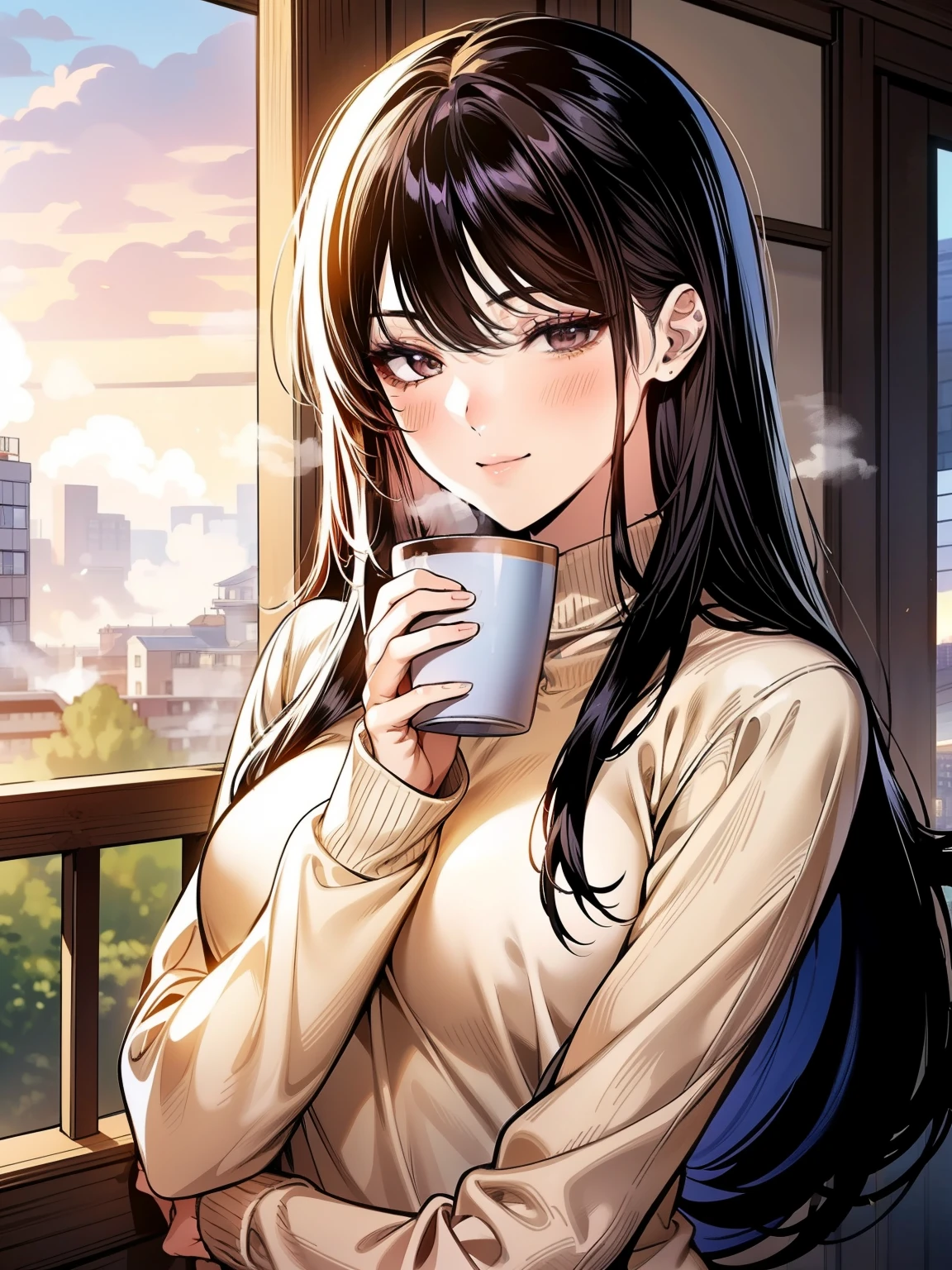 A young woman with long, black straight hair cascading over her shoulders, and black eyes that radiate kindness. She is wearing a cozy red sweater, slightly oversized, with the sleeves gently rolled up. The sweater hugs her figure in a casual yet elegant way. She pairs it with light blue jeans and simple white sneakers for a relaxed look. She stands on a charming balcony at sunset, holding a steaming cup of coffee in one hand. Her soft smile adds warmth to the scene. The background features potted plants, a small table with an open book, and a glowing city skyline bathed in golden-orange light. Manhwa style, My landlady noona style, super fine face, super fine nose, super fine mouth, super fine fingers, super fine body, super fine hand, perfect body, golden ratio, good shape, muscular, super realistic, red sweater, super detailed