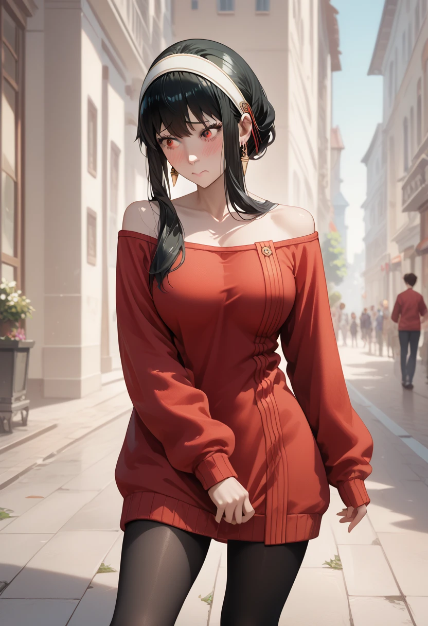 Embarrassed Yor Forget,black hair,aayor, short hair with long locks, sidelocks, black hair, white hairband, earrings, red eyes, large breasts, bare shoulders, off shoulder, red sweater, sweater dress, long sleeves, black pantyhose, anime screencap