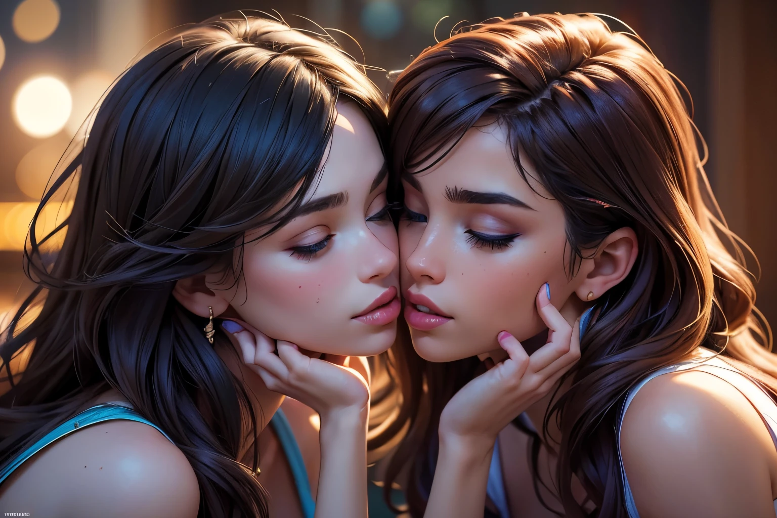 (best quality,4k,8k,highres,masterpiece:1.2),ultra-detailed,(realistic,photorealistic,photo-realistic:1.37), HDR, UHD, studio lighting, extreme detail description, professional, portraits, vivid colors, bokeh, lesbian couple, romance, women, kiss, mouth to mouth, attractive, holy shot, making out, wonderful scene, movie, lovely kiss, room together, cute, showcasing.

Notice：The prompt here starts with"woman"and"Woman kissing"For the theme，Matches the given topic description，Added detailed description。