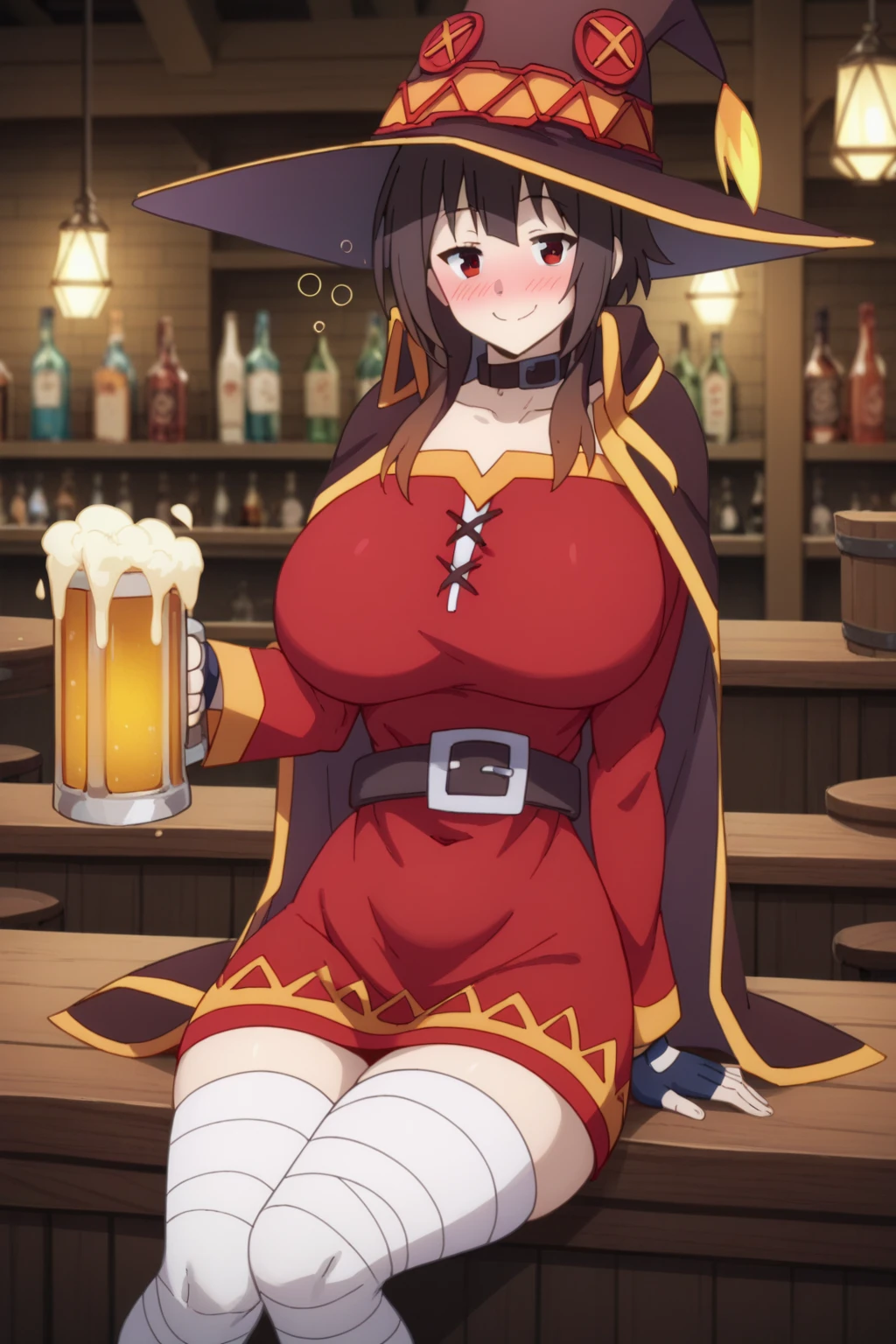 Megumin from KonoSuba, Female, Brown Hair, Pale Skin, Red Eyes, Wizard Hat, In A Bar, Drunk, Holding Beer, Sitting Down, Huge Breasts, Wide Hips, Thin Waist, Solo, Aerial View, Smiling, (cartoon-style bold line work:1.2), vibrant colors, cel shading, Simplistic Art Style, looking at viewer, solo