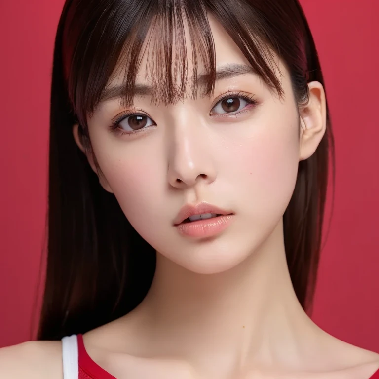 (masterpiece, best quality, perfect anatomy, highres, 8k, realistic, photorealistic, natural skin texture:1.2), 1girl, solo, Japanese, age20, erogao, parted lips, jp idol, Close eyelids and pout lips, face closeup, from front, nude, spot lighting, red background