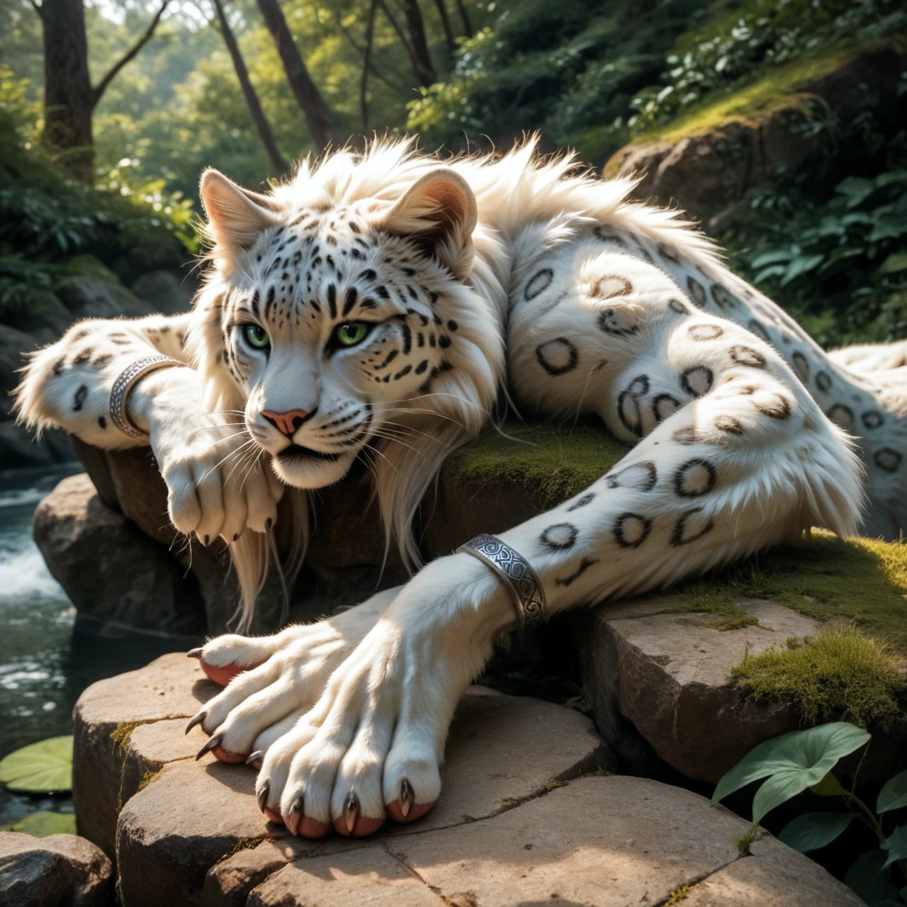 score_9, score_8_up, score_7_up, score_6_up, viewer looks between the legs, white leopard fighter, female, (with mane1.2), anthro, felid, feline, she is lying on a stone, separated legs, human-like hands, (detailed background), nature, in the high mountains, fur, solo, high quality, furred body, paws, handpaw, fluffy, silver bracelets on the legs, (detailed eyes, green eyes), slightly muscled, highly detailed, realistic fur, beautiful, photorealism, photorealistic, dslr, photo, expressive, full body, pawpads, paw pads, playful, with claws, silver collar