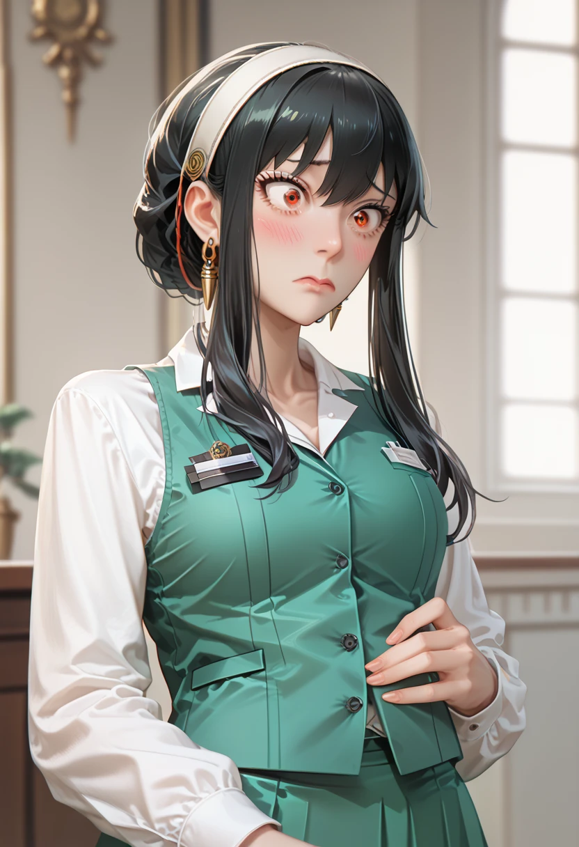 Embarrassed Yor Forget,black hair,aayor, short hair with long locks, sidelocks, black hair, white hairband, earrings, red eyes, large breasts, collared shirt, white shirt, green vest, long sleeves, green skirt, anime screencap