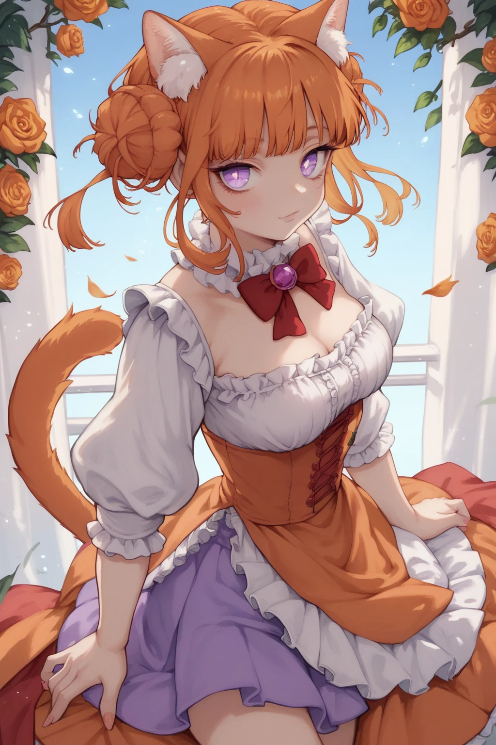 a orange haired woman with golden cat eyes and orange cat ears and a fluffy orange cat tail wearing an cute lolita dress is posing in a library