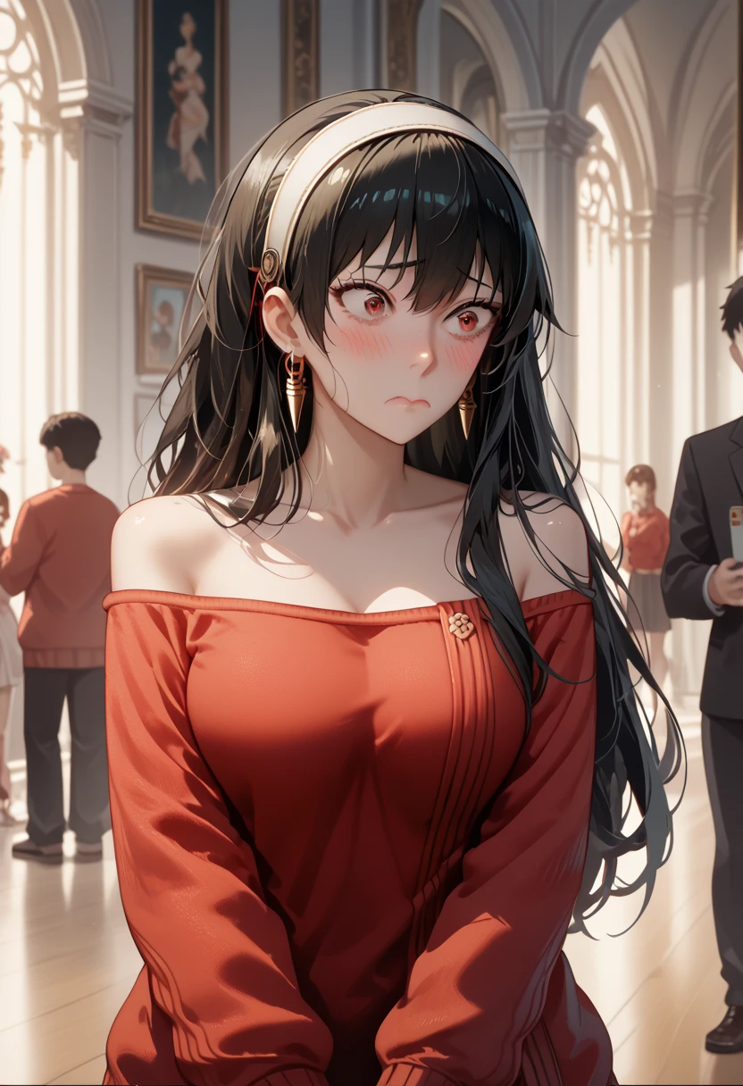 Embarrassed Yor Forget,black hair,aayor, long hair, black hair, white hairband, earrings, red eyes, large breasts, bare shoulders, off shoulder, red sweater, sweater dress, long sleeves, black pantyhose, anime screencap