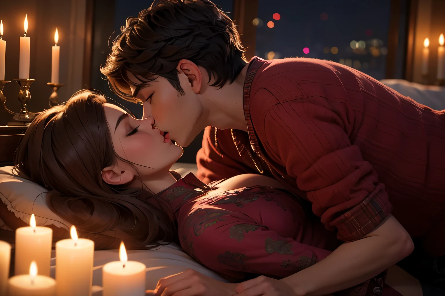 Boy and woman, beautiful woman, kissing each other with passion, in a bedroom, bright room, candles lit, night time,