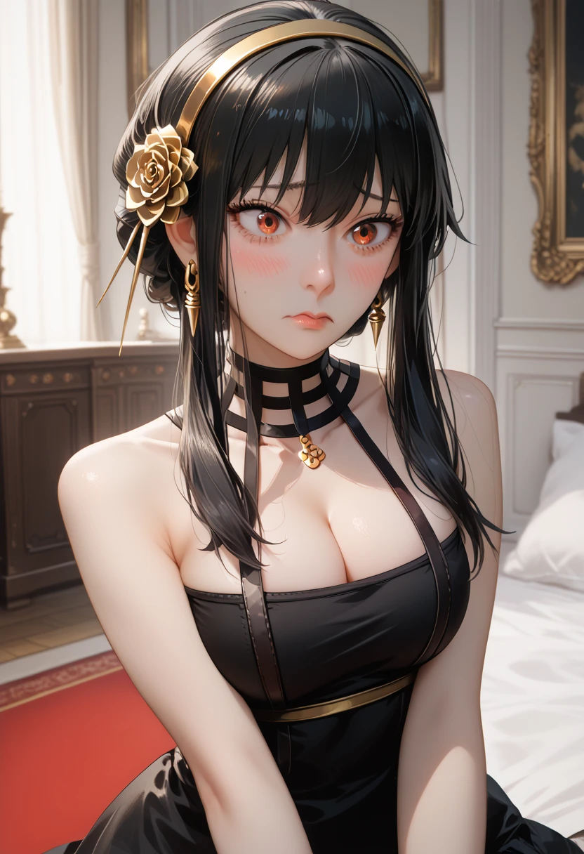 Embarrassed Yor Forget,black hair,aayor, short hair with long locks, sidelocks, black hair, gold hairband, hair flower, earrings, red eyes, large breasts, black choker, bare shoulders, cleavage, two-sided dress, black dress, fingerless gloves, black gloves, black thighhighs, anime screencap