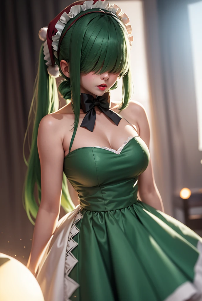 1girl, Anime, Large breasts, Long Green Hair Covering Eyes with Twin Ponytails, Maid Headdress, Wearing Fancy Detailed Xmas Dress, Maid Cafe Xmas Scene, Red Lips, Embarrassed, Panorama, Wide Shot, Pixar, Sparkle, Glowing Light, Cinematic Lighting, High Resolution, High Details, UHD, HDR, 