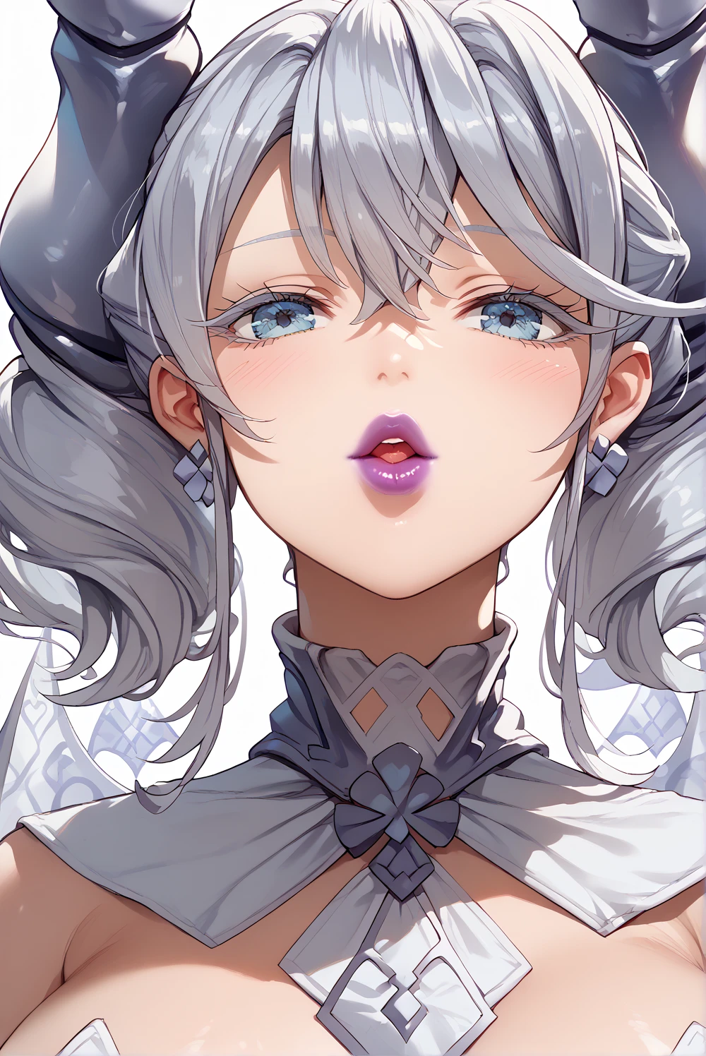 (((,Lovely Labrynth of the Silver Castle,beautiful details face,close-up shot,gigantic huge busty,Incoming kiss,))),looking viewer,solo girl,anime illust,purple lipstick,full lips,parted lips,