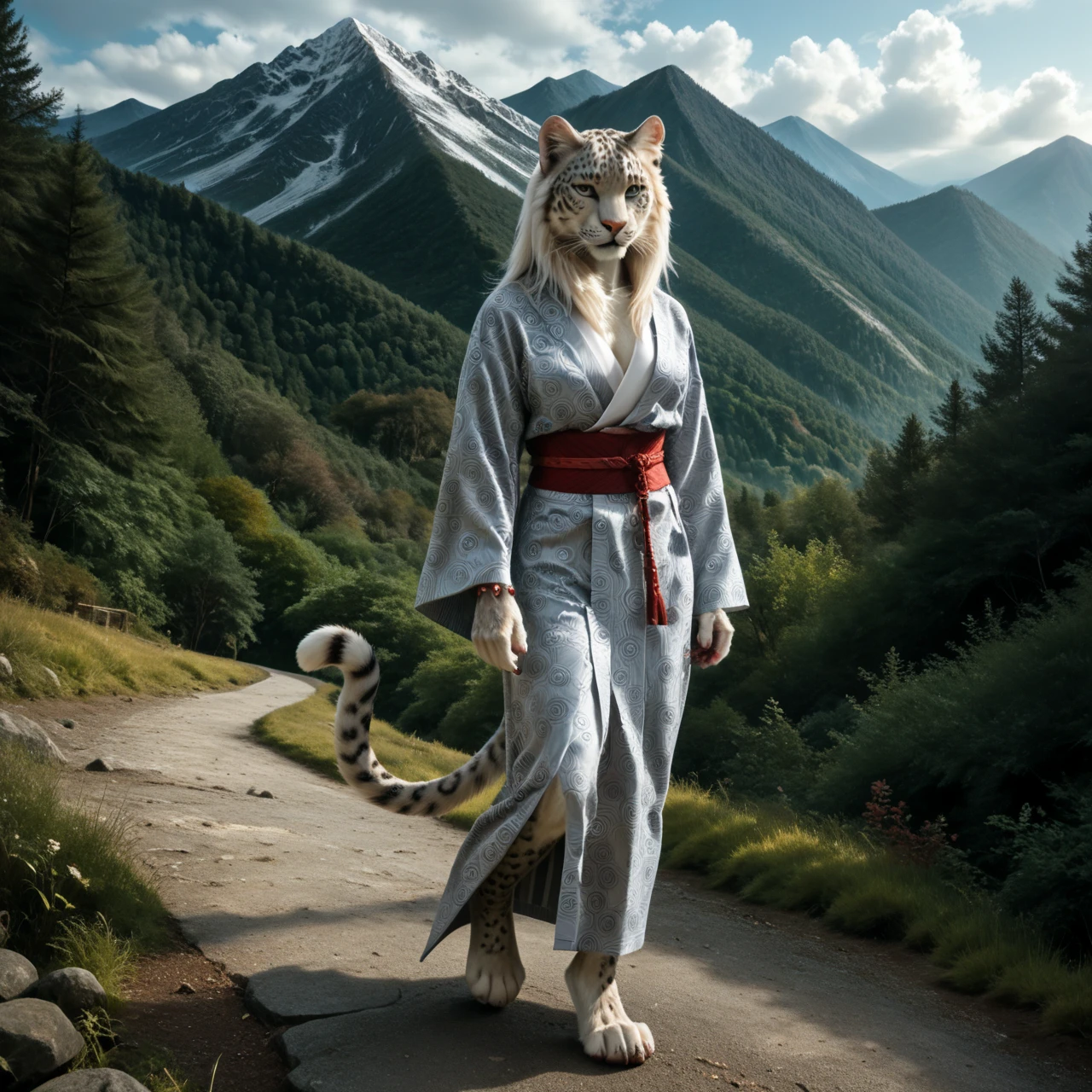 score_9, score_8_up, score_7_up, score_6_up, front view, white leopard fighter, female, with mane, Japanese Yukata, anthro, felid, feline, stands, human-like hands, (detailed background), nature, in the high mountains, fur, solo, high quality, furred body, paws, handpaw, fluffy, silver bracelets on the legs, (detailed eyes, green eyes), slightly muscled, highly detailed, realistic fur, beautiful, photorealism, photorealistic, dslr, photo, expressive, full body, pawpads, paw pads, dutch angle, playful, with claws, silver collar with medallion