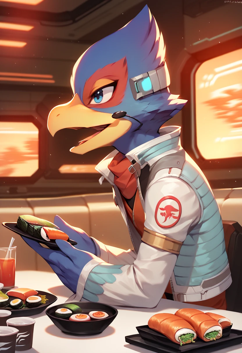 score_9, score_8_up, score_7_up, score_6_up, 1boy, solo, Falco lombardi, inside spaceship, beckoning, straight on, nsfw, high resolution, detailed face, high resolution, light blue eyes, eat sushi, dinner, open mouth, from side, 